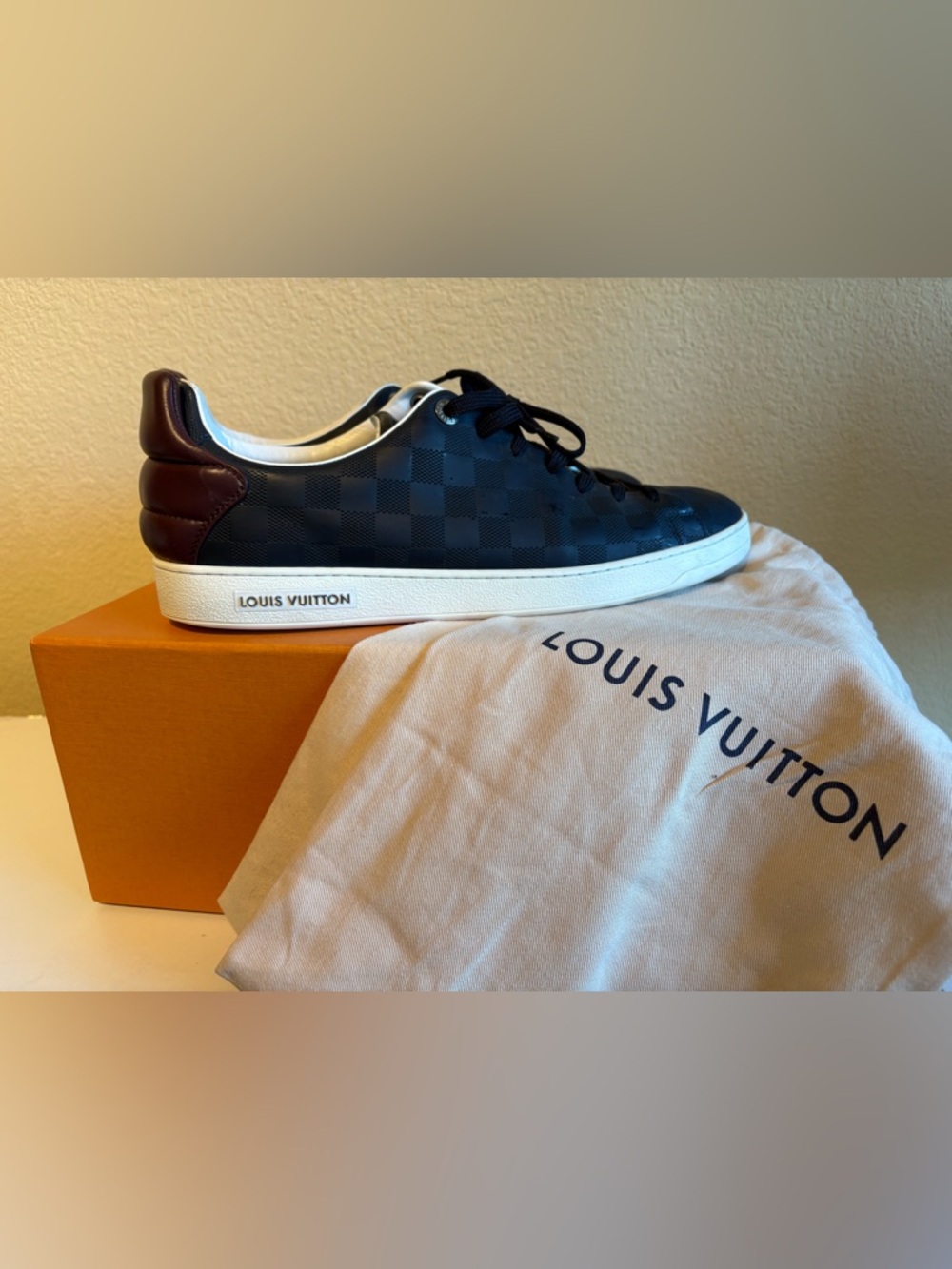 Louis Vuitton Navy Damier Low-Top Sneaker with White Sole- Used, Men’s size 10.